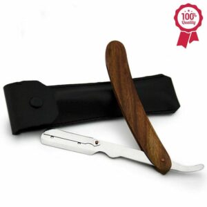 Handmade Wooden Handle Cut Throat Straight Razor Zero Waste Single Edge Razor with Razor Pouch