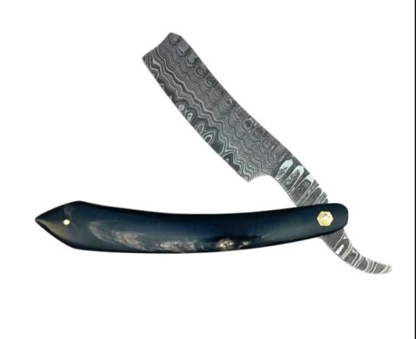 Handmade Damascus Steel Straight Razor with Black Bull Horn Handle – Vintage Barber Shaving Razor