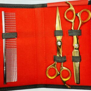 440C Gold Pet Grooming Shears Set – Barber & Thinning Scissors + Steel Comb | Professional Dog & Cat Hair Cutting Kit