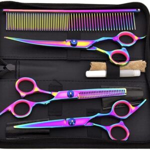 Professional Multi-Colour Pet Grooming Shears Kit – 6-in-1 Dog & Cat Scissors Set with Thinning Shears, Straight & Curved Blades – Colorful Stainless Steel Grooming Tools for Home & Salon Use